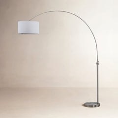 Arched Floor Lamp in Polished Nickel Iron with Cotton Drum Shade