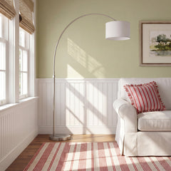 Arched Floor Lamp in Polished Nickel Iron with Cotton Drum Shade