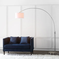 Arched Floor Lamp in Polished Nickel Iron with Cotton Drum Shade