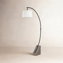 Arched Floor Lamp, Iron and Concrete, Gray Base with White Shade