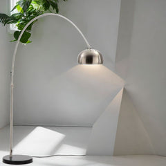Arched Floor Lamp, Single Light, Silver Steel Shade with Black Metal Base