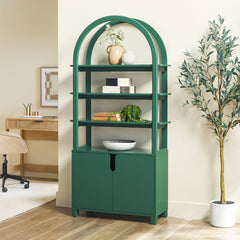 Arched Kids Bookcase, 4 Tiers in Green with Cabinet Doors