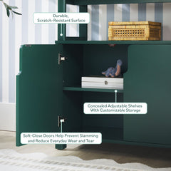Arched Kids Bookcase, 4 Tiers in Green with Cabinet Doors