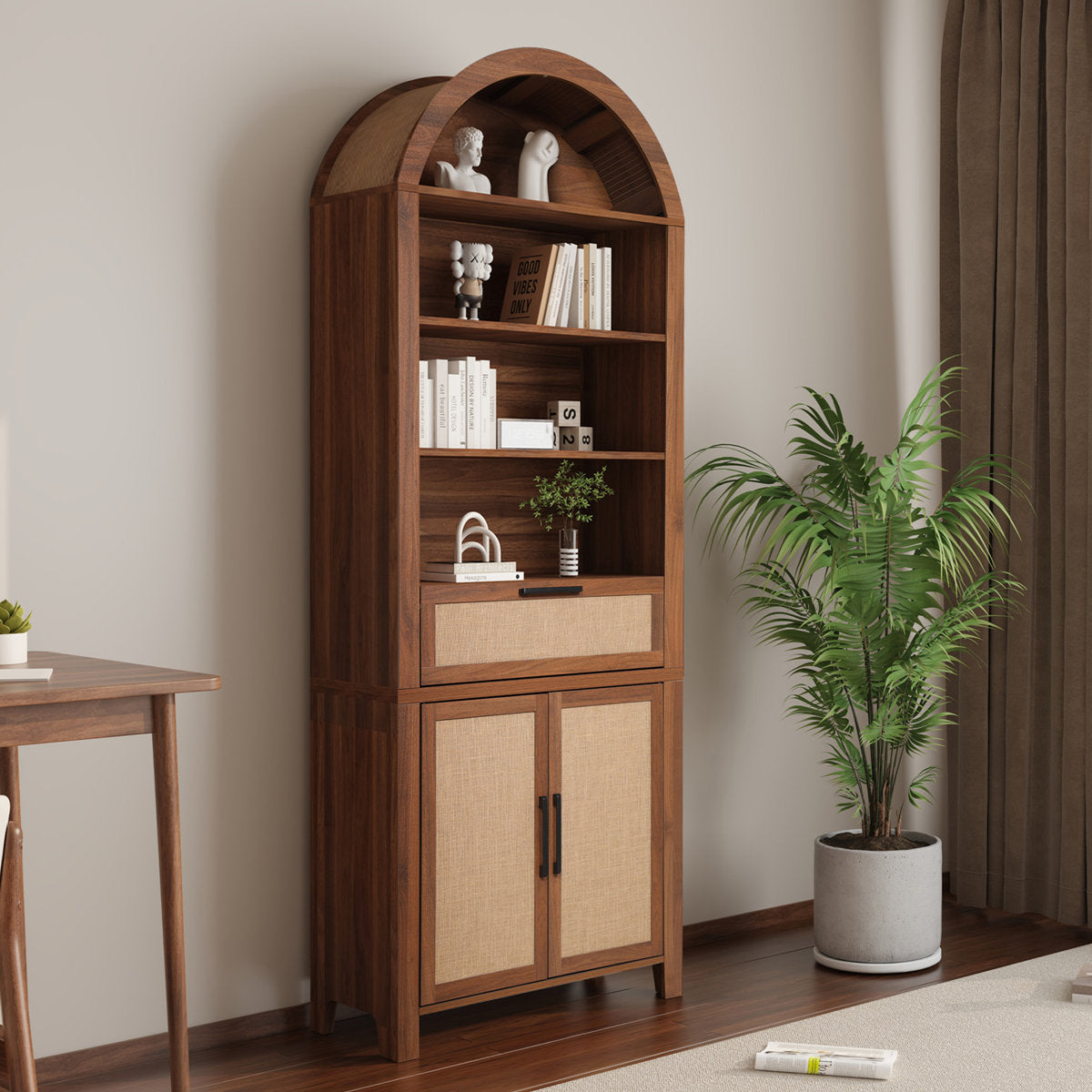 Arched Storage Bookcase, 78.7 in Tall, Brown with Black and Gold Handles