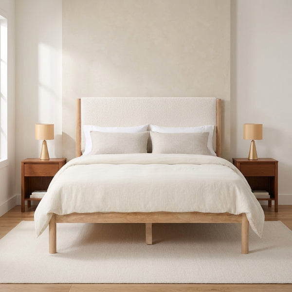 Grevane Ardin Solid Wood Bed Frame With Cream Boucle Upholstered Headboard