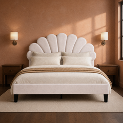 Room 3 | Front view against a clay wall with brass sconces and dark nightstands