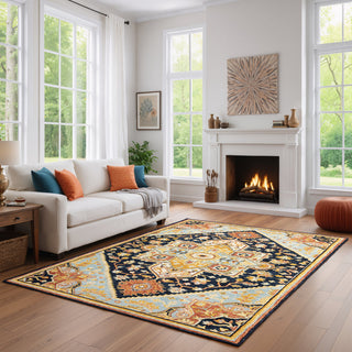 Area Rug, 10 ft x 13 ft, Hand-Woven Wool in Navy