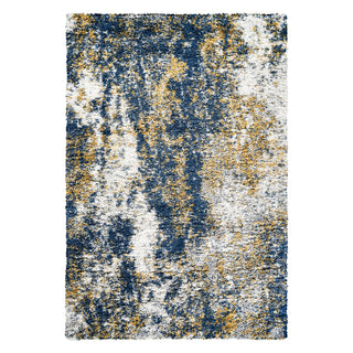 Area Rug, 10 ft x 14 ft, Gold and Blue Shag with Abstract Pattern