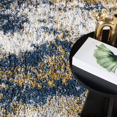 Area Rug, 10 ft x 14 ft, Gold and Blue Shag with Abstract Pattern