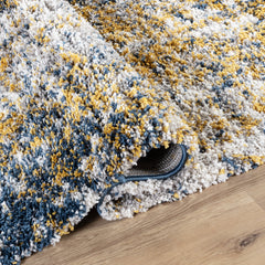 Area Rug, 10 ft x 14 ft, Gold and Blue Shag with Abstract Pattern