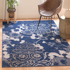 Area Rug, 10 ft x 14 ft, Navy and Silver with Floral Pattern