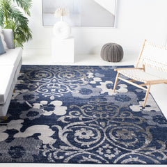 Area Rug, 10 ft x 14 ft, Navy and Silver with Floral Pattern