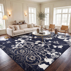 Area Rug, 10 ft x 14 ft, Navy and Silver with Floral Pattern