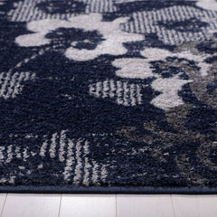 Area Rug, 10 ft x 14 ft, Navy and Silver with Floral Pattern