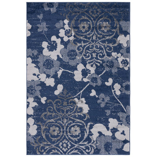 Area Rug, 10 ft x 14 ft, Navy and Silver with Floral Pattern