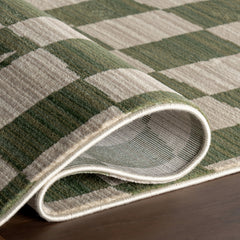 Area Rug, 10' x 13', Green Checkered with Fringe