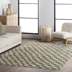Area Rug, 10' x 13', Green Checkered with Fringe