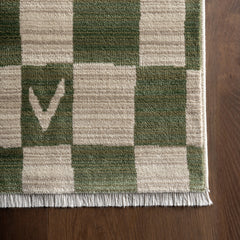 Area Rug, 10' x 13', Green Checkered with Fringe