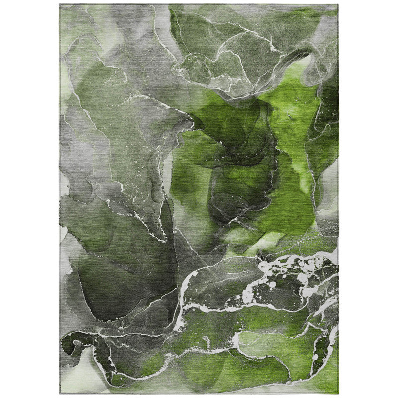 Area Rug, 10 x 14 ft, Green Polyester with Abstract Pattern