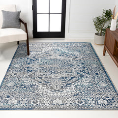 Area Rug, 12 Ft x 15 Ft, Navy and Light Gray Polypropylene