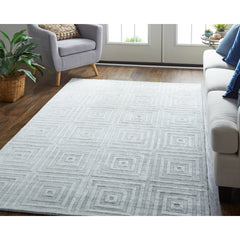 Area Rug, 3 ft 6 in X 5 ft 6 in, Geometric Wool and Viscose in White