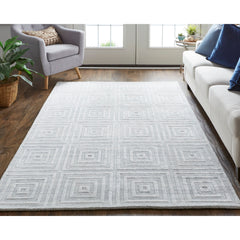 Area Rug, 3 ft 6 in X 5 ft 6 in, Geometric Wool and Viscose in White