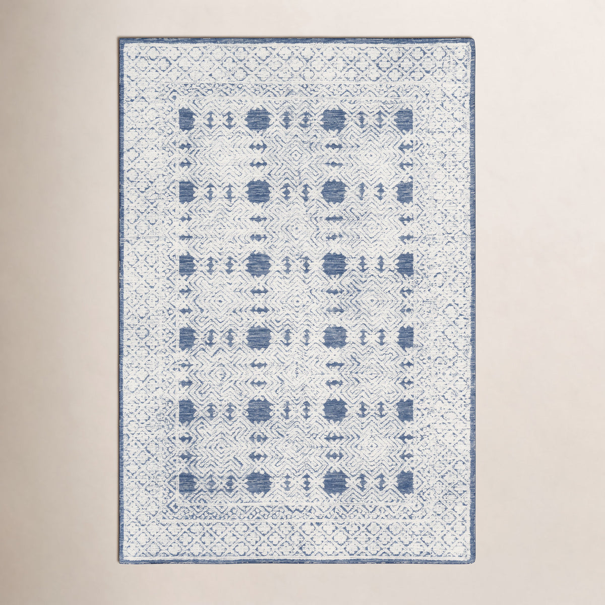Area Rug, 4 x 6 ft, Wool with Navy, Cream and Ice Blue