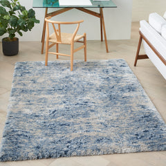 Area Rug, 5 ft 3 in x 7 ft 3 in, Blue and Ivory Polyester Shag