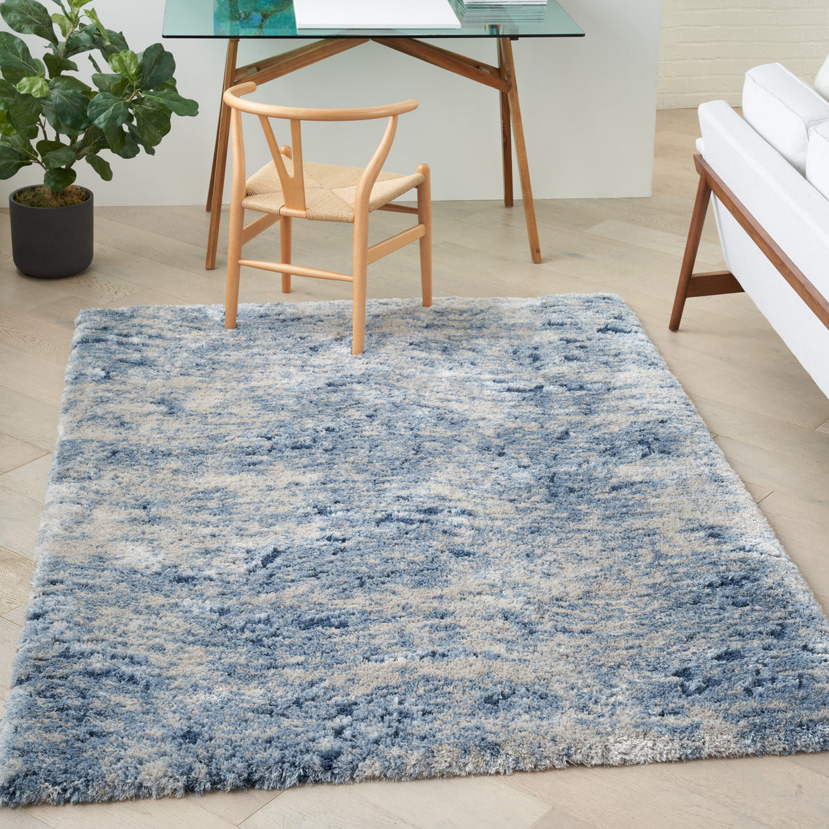 Area Rug, 5 ft 3 in x 7 ft 3 in, Blue and Ivory Polyester Shag