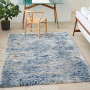 Area Rug, 5 ft 3 in x 7 ft 3 in, Blue and Ivory Polyester Shag