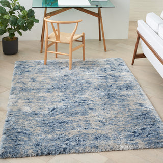 Area Rug, 5 ft 3 in x 7 ft 3 in, Blue and Ivory Polyester Shag
