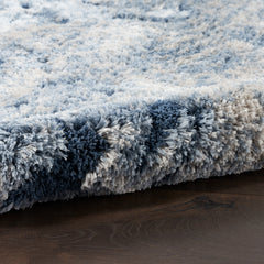 Area Rug, 5 ft 3 in x 7 ft 3 in, Blue and Ivory Polyester Shag
