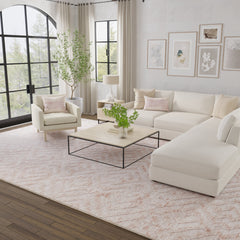Area Rug, 5 Ft by 8 Ft with Blush Pink Geometric Pattern