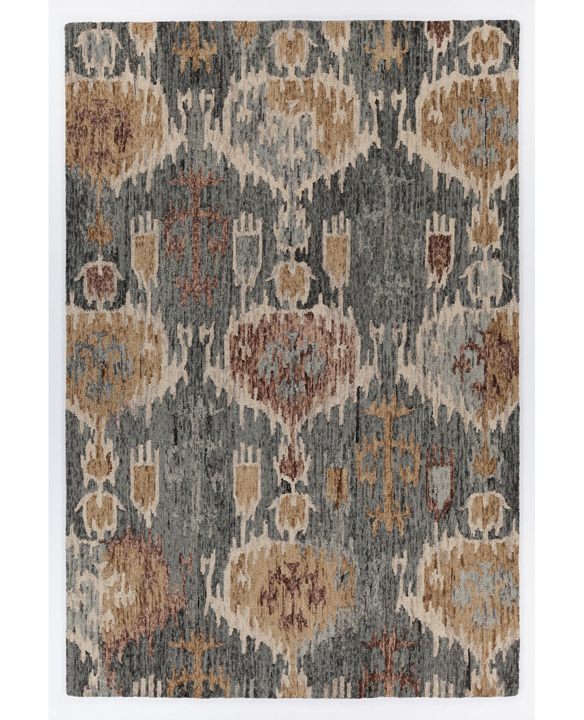 Area Rug, 5 ft x 7 ft 6 in, Gray and Brown Wool with Ikat Stripes