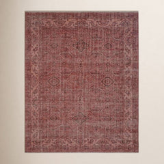 Area Rug, 5 ft x 8 ft, Beige and Red Wool with Fringe