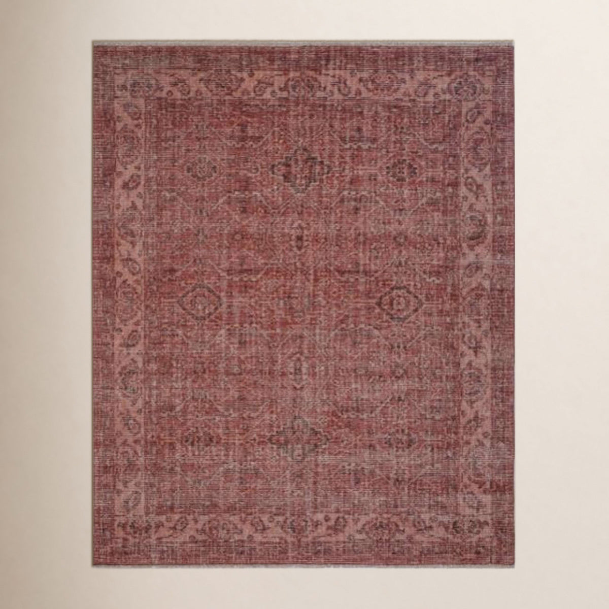 Area Rug, 5 ft x 8 ft, Beige and Red Wool with Fringe