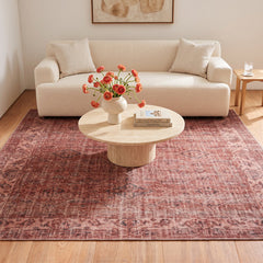 Area Rug, 5 ft x 8 ft, Beige and Red Wool with Fringe