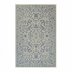 Area Rug, 5 ft x 8 ft, Blue and Ivory Wool with Ikat Pattern
