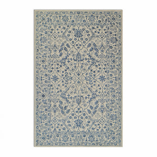 Area Rug, 5 ft x 8 ft, Blue and Ivory Wool with Ikat Pattern