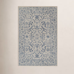 Area Rug, 5 ft x 8 ft, Blue and Ivory Wool with Ikat Pattern