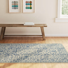 Area Rug, 5 ft x 8 ft, Blue and Ivory Wool with Ikat Pattern