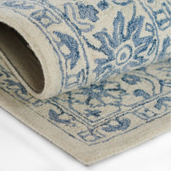 Area Rug, 5 ft x 8 ft, Blue and Ivory Wool with Ikat Pattern