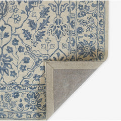 Area Rug, 5 ft x 8 ft, Blue and Ivory Wool with Ikat Pattern