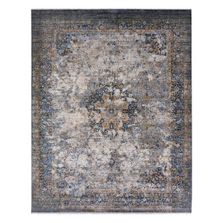 Area Rug, 5 ft x 8 ft, Gray/Blue Medallion with Fringe