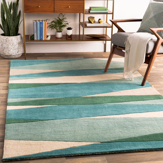 Area Rug, 5 ft x 8 ft, Hand Tufted Wool in Cream/Dark Green/Teal