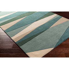 Area Rug, 5 ft x 8 ft, Hand Tufted Wool in Cream/Dark Green/Teal