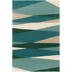 Area Rug, 5 ft x 8 ft, Hand Tufted Wool in Cream/Dark Green/Teal