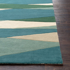 Area Rug, 5 ft x 8 ft, Hand Tufted Wool in Cream/Dark Green/Teal