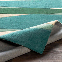 Area Rug, 5 ft x 8 ft, Hand Tufted Wool in Cream/Dark Green/Teal