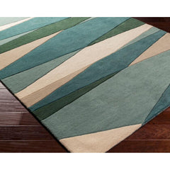 Area Rug, 5 ft x 8 ft, Hand Tufted Wool in Cream/Dark Green/Teal